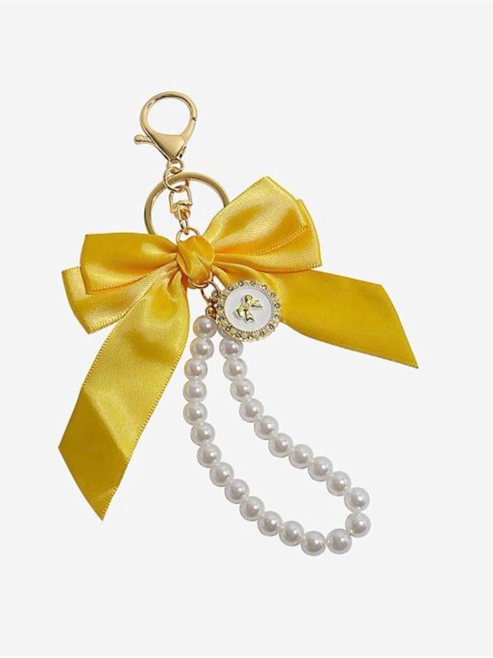 New Emberly Yellow Pearl Bow Keychain - Gold Hardware
